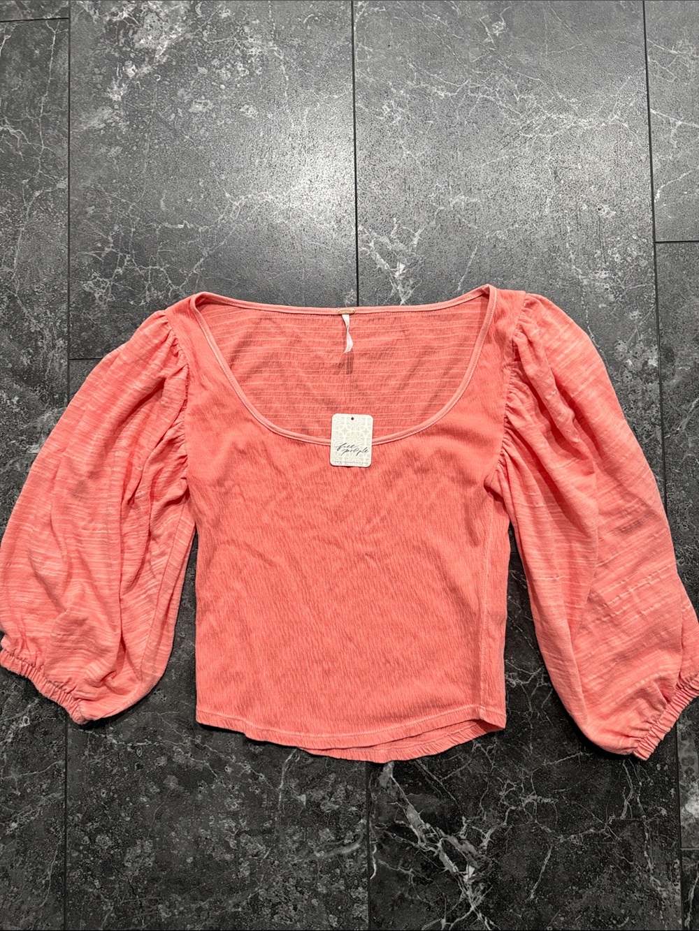 Free People Coral Puff-Sleeve Square-Neck Crop Top